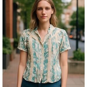 Nygard Collection Silk Blend SZ 12P Crochet Tie Back Cap Sleeve Boho Chic Floral